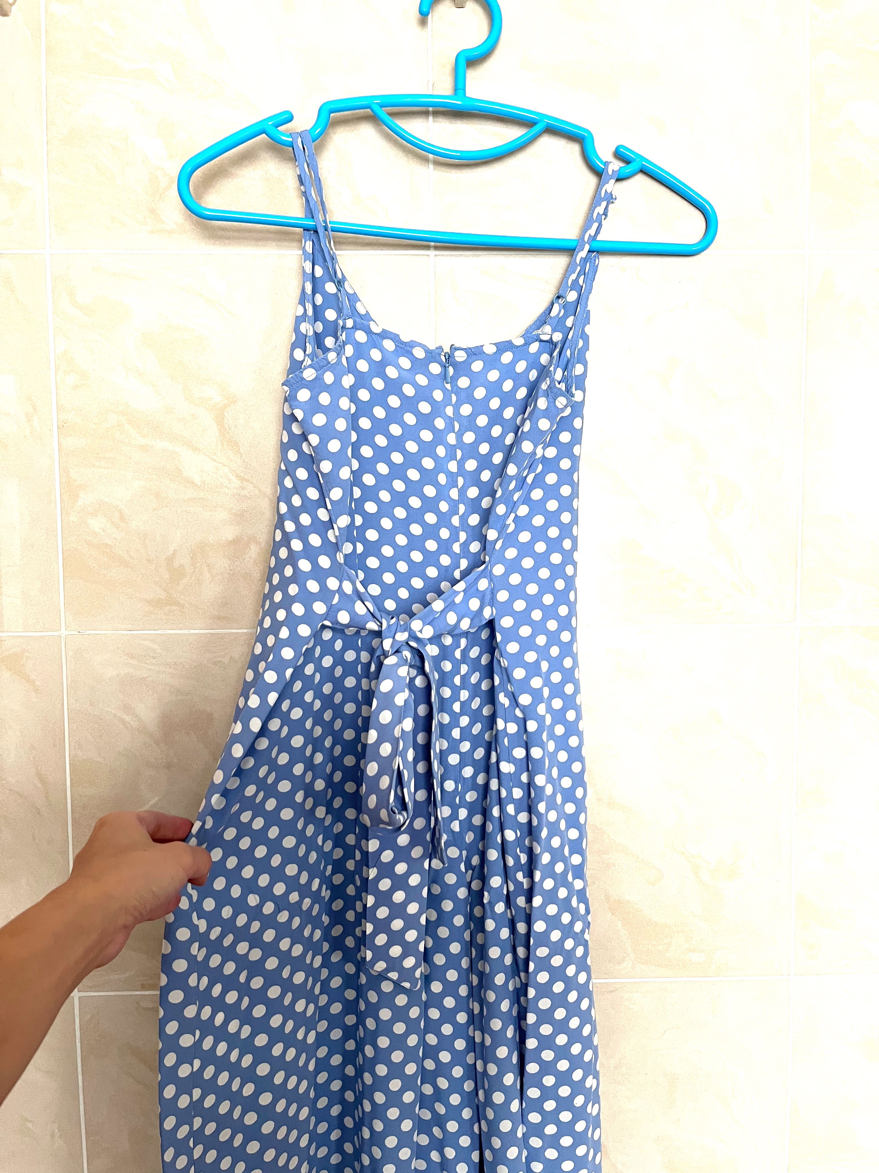 Miss Selfridge jumpsuit petite baby blue polka dots retro Women s