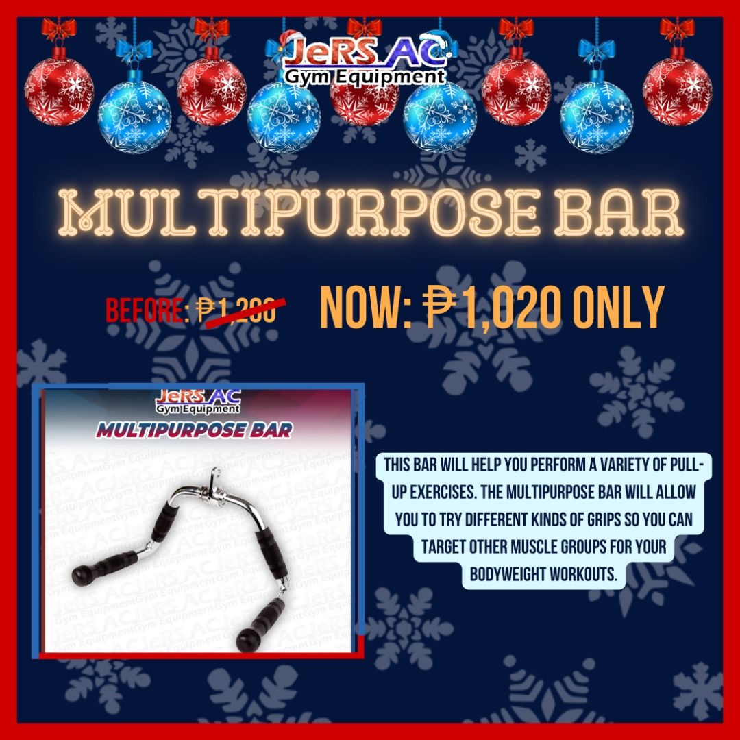Multipurpose Bar (Category: Cardio & Fitness Machines) located in Quezon City. Submitted by sellinggymequipment (Listing ID 1196019418, Image 1). Description: This bar will help you perform a variety of pull-up exercises. The Multipurpose Bar will allow you to try different kinds of grips so you can target other muscle groups for your bodyweight workouts. For inquiries: 📱 0905-999-0399 ☎️ 7527-5942 Or you can check our: 💻 Website: https://jersa