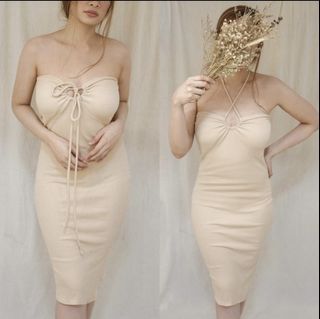 Aggy Ph Multiway Halter Bodycon Dress in Almond Beige / Nude