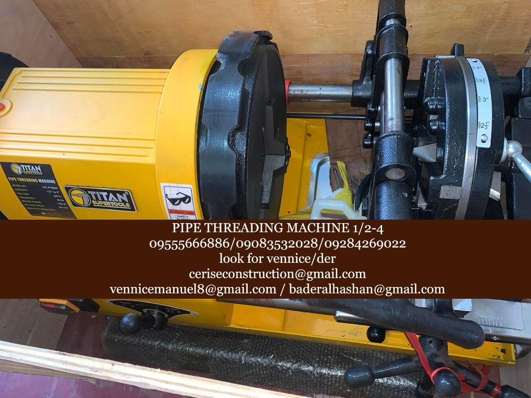 TITAN Pipe threading machine (Category: Construction Tools & Equipment) located in Manila. Submitted by vlmhardwarevennice (Listing ID 1196015698, Image 1). Description: for inquiries contact: 0-9-5-5-5-6-6-6-8-8-6 0-9-0-8-3-5-3-2-0-2-8 0-9-2-8-4-2-6-9-0-2-2 look for vennice/der or email me at ceriseconstruction@gmail.com vennicecahello@gmail.com baderalhashan@gmail.com We also offer shipping via Lalamove, jrs, and other tracking and bus liner Of