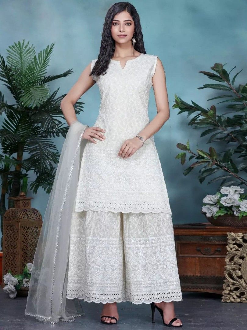 Off white Premium cotton chicken embroidery cut sleeve kurti sharara with  chanderi Dupatta Set, Women's Fashion, Dresses u0026 Sets, Dresses on Carousell