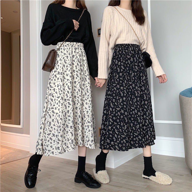 Ready Stock In Malaysia Mid length high waisted thin western style floral skirt women