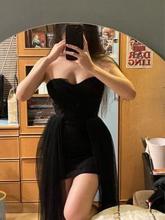 Black mini dress with tulle train