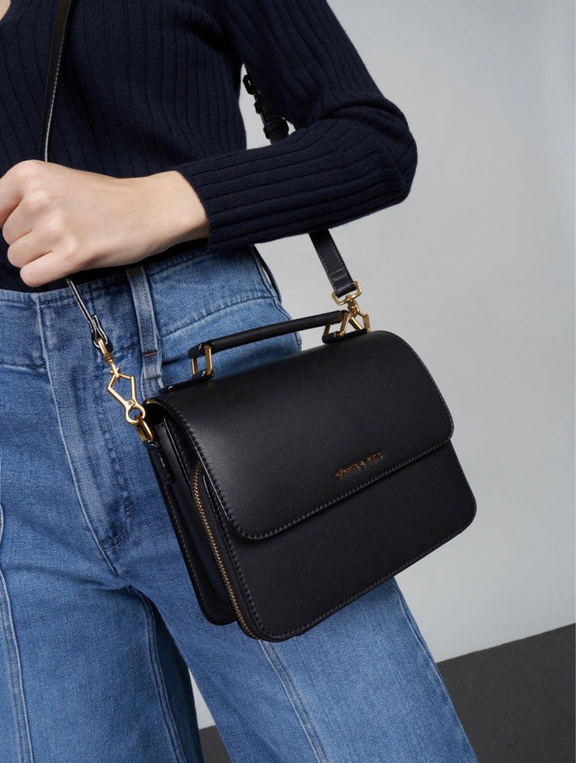 BN Charles Keith Front Flap Top Handle Crossbody Bag Black