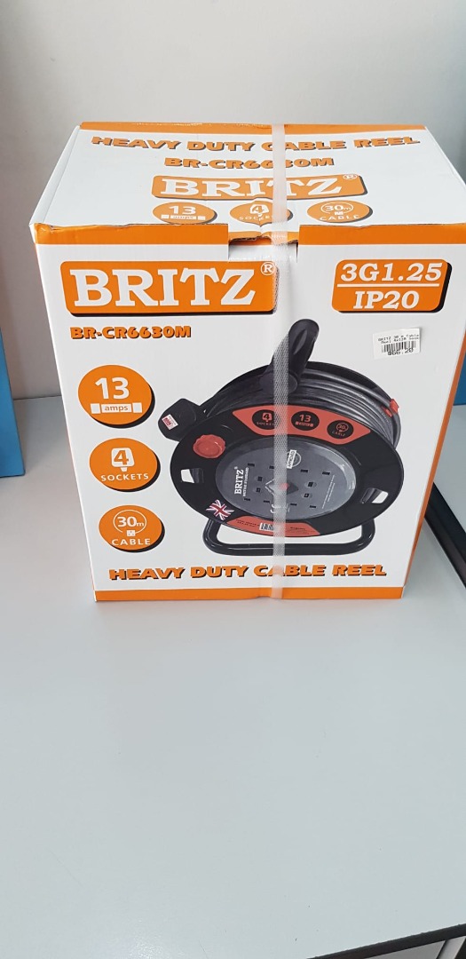 Britz Cable Reel Extension 4 Way 13A Socket Outlet - 30m / 50m BS1363/A131A  Thermal cut off protection, Furniture & Home Living, Home Improvement &  Organisation, Home Improvement Tools & Accessories on Carousell