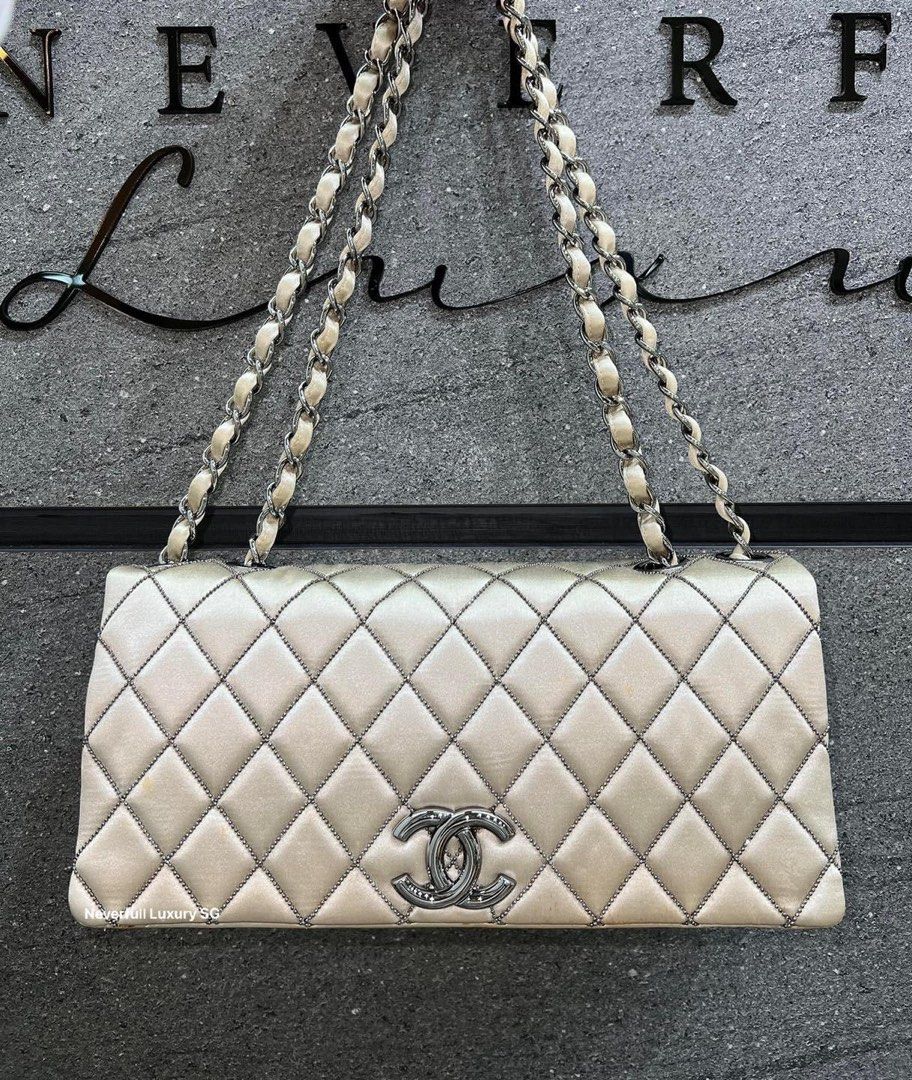Chanel Flap Chain Bag Beige Satin in Shiny SHW Bag, Luxury, Bags & Wallets  on Carousell