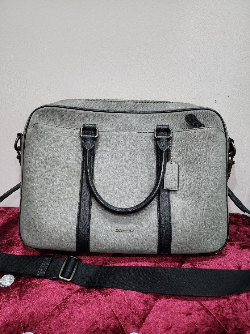 Coach Men's Slim Briefcase in Grey Grain Leather, Men's Fashion, Bags