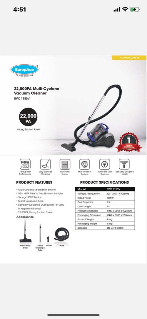 EuropAce EVC 1150V 22000PA MultiCyclone Bagless Canister Vacuum