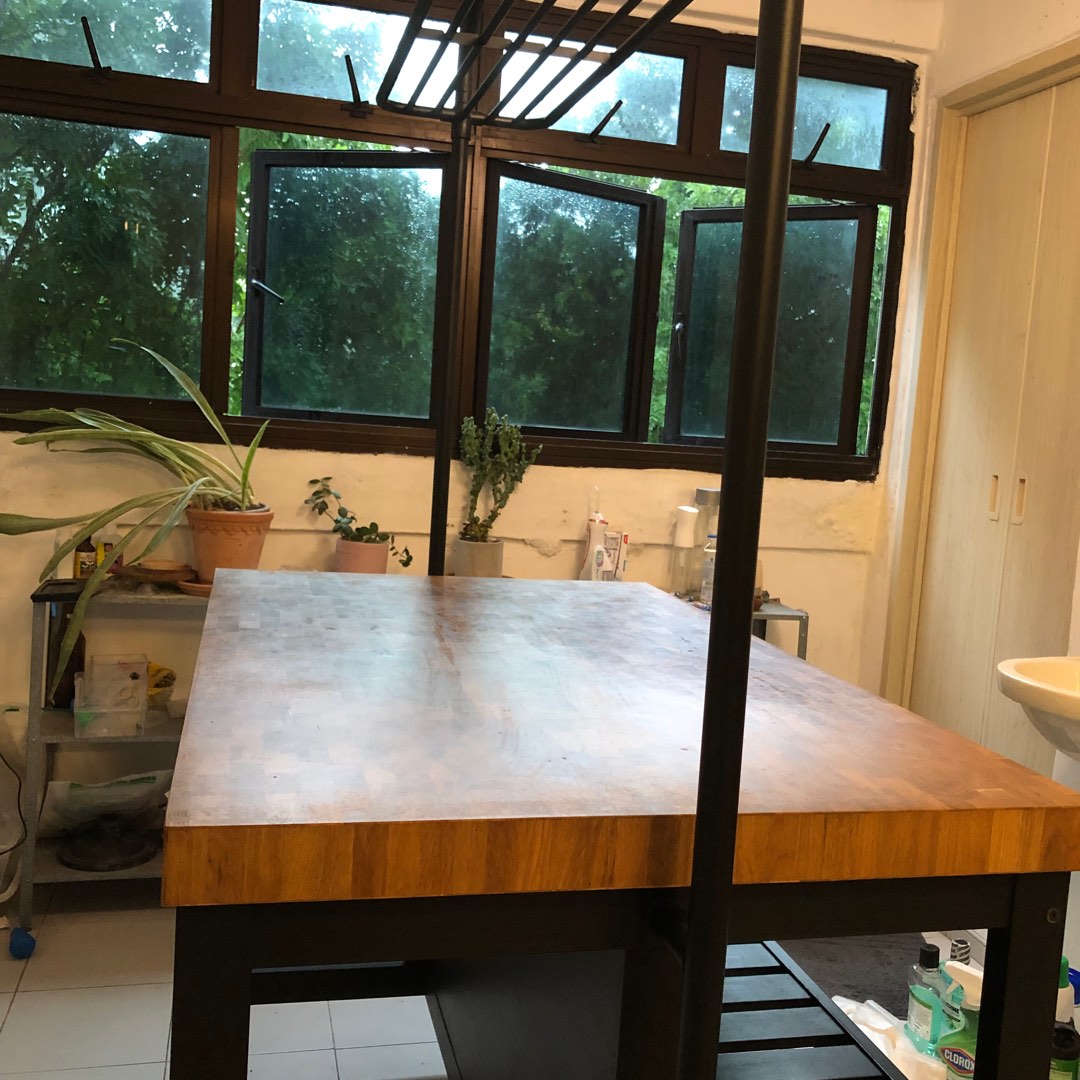 IKEA Vadholma Kitchen island with rack, black/oak, Furniture & Home