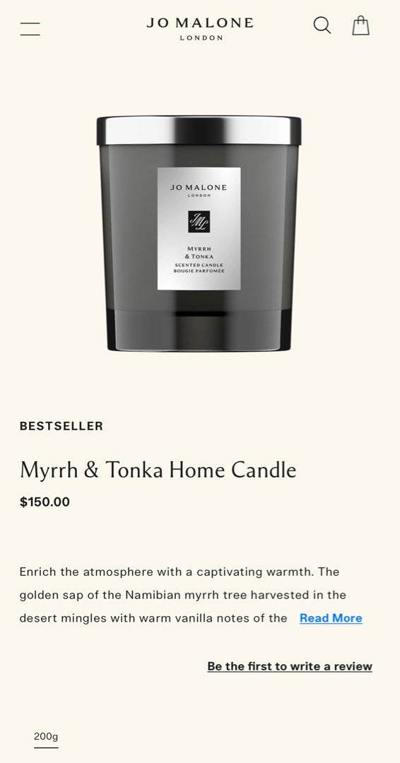 Jo Malone Myrrh and Tonka Home Candle 200g, Furniture & Home Living