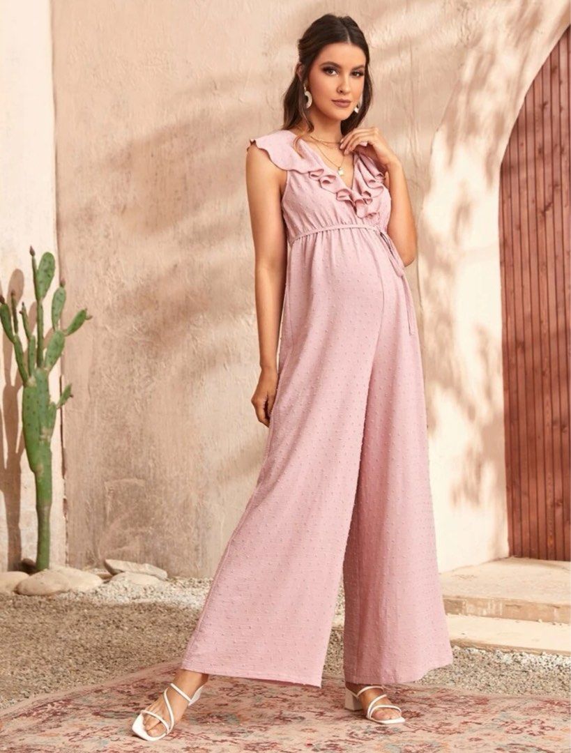 Maternity Ruffle Trim Wide Leg Swiss Dot Jumpsuit in Dusty Pink Size XS