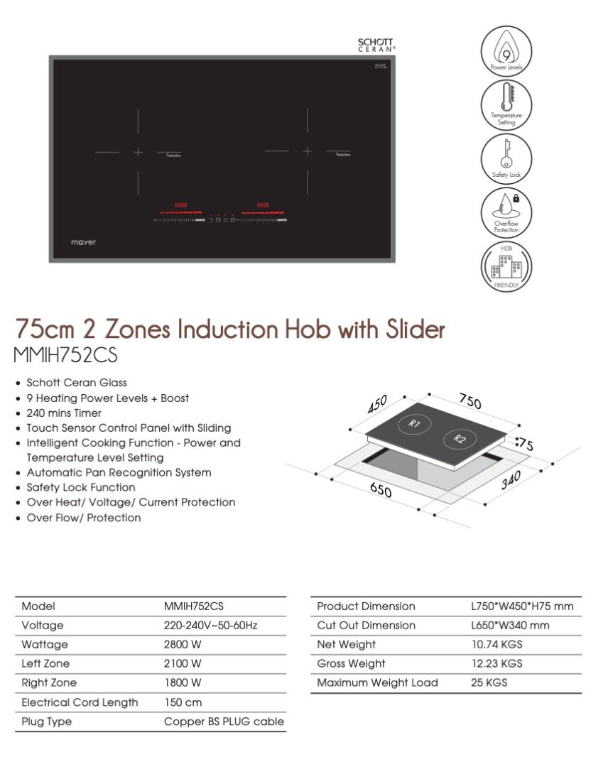 Mayer MMIH752CS [75cm] 2 Zone Induction Hob with Slider, TV & Home