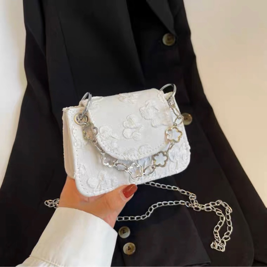 White bag online with silver chain