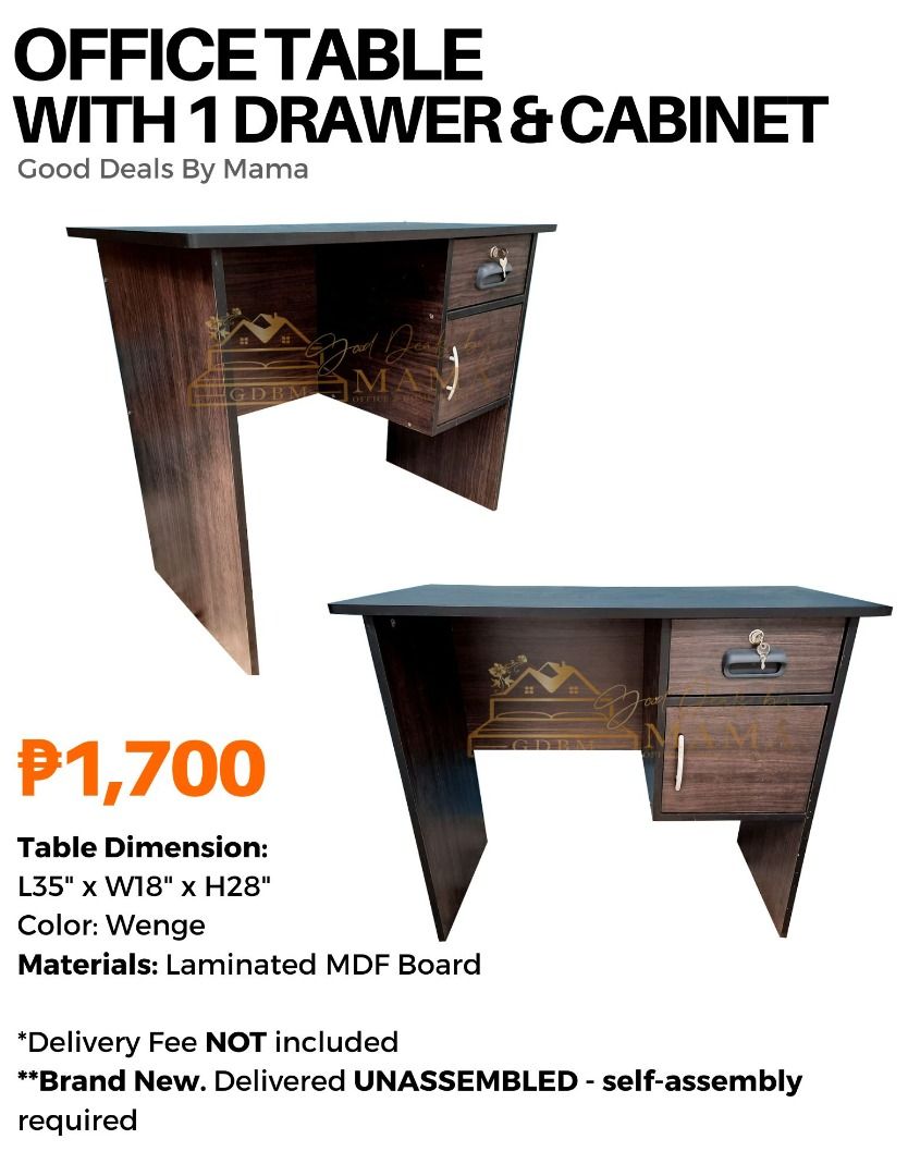 MULTIFUNCTIONAL OFFICE/STUDY/COMPUTER TABLE - 1 Drawer and 1 Cabinet (Category: Tables & Sets) located in Manila. Submitted by gooddealsbymama (Listing ID 1178729037, Image 1). Description: MULTIFUNCTIONAL OFFICE/STUDY/COMPUTER TABLE - 1 Drawer and 1 Cabinet Warehouse Price: ₱1,700 ✅ BRAND NEW 💯 📦👨‍🔧Delivered in KNOCKDOWN - self -assembly required 🚛 Delivery Fee NOT included Dimension in inches: L35" x W18" x H28" Dimension in cm: L89cm x W4