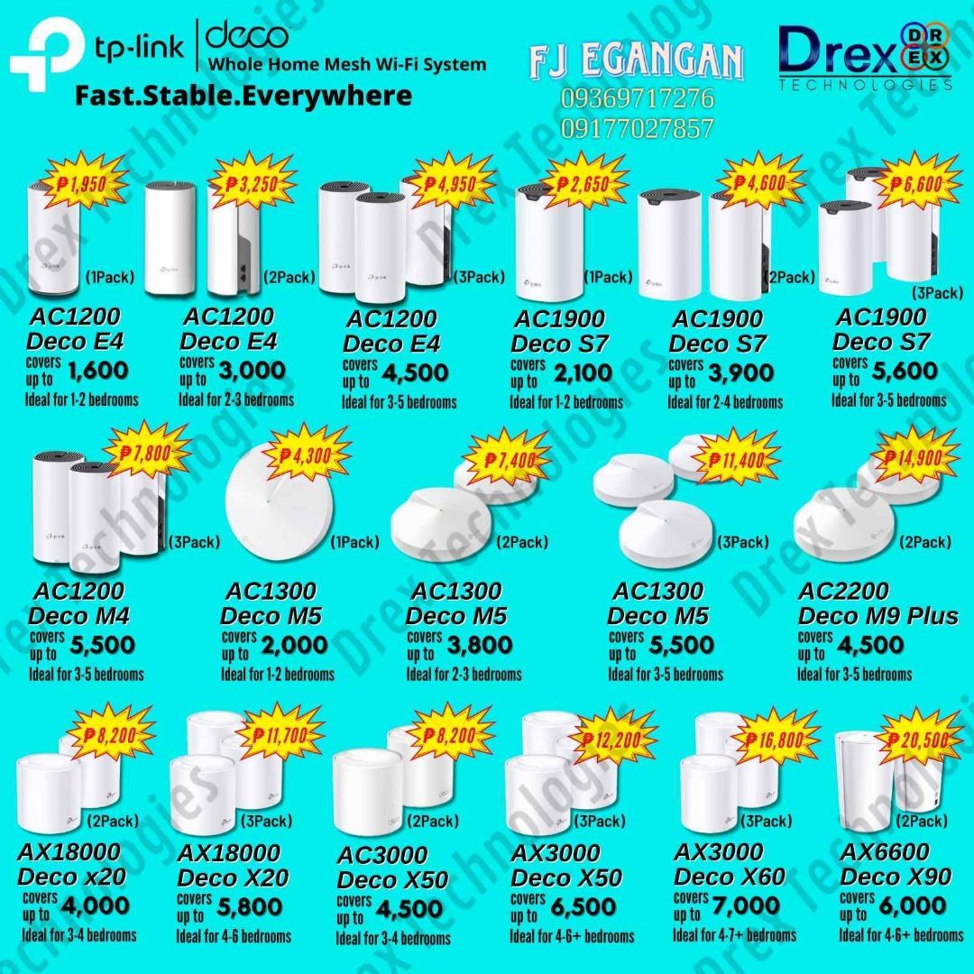 Tp-link Deco Whole Home Mesh Wi-Fi System (Category: Networking) located in Pasig City. Submitted by fjEgangan (Listing ID 1196401204, Image 1). Description: Tp-link Deco Whole Home Mesh Wi-Fi System Available Model and Prices: *** Deco E4 (1-pack) AC1200 @ 1,950.00 *** Deco E4 (2-pack) AC1200 @ 3,250.00 *** Deco E4 (3-pack) AC1200 @ 4,950.00 *** Deco S7 (1-pack) AC1900 @ 2,650.00 *** Deco S7 (2-pack) AC1900 @ 4,600.00 *** Deco S7 (3-pack) AC1900