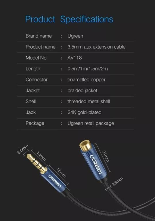 UGREEN 3.5mm Extension Audio Cable 4 Poles Male to Female Aux Cable
