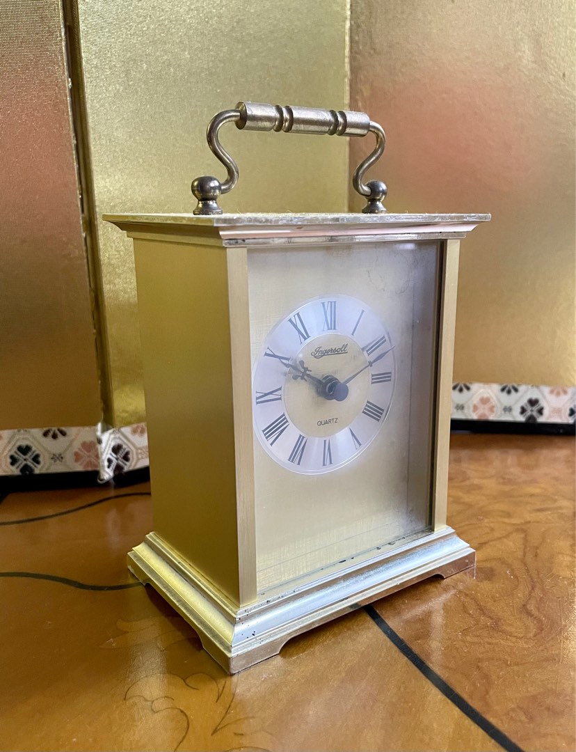 Vintage German " Ingersoll " Brass Carriage Quartz Clock 9.5x7x15cms