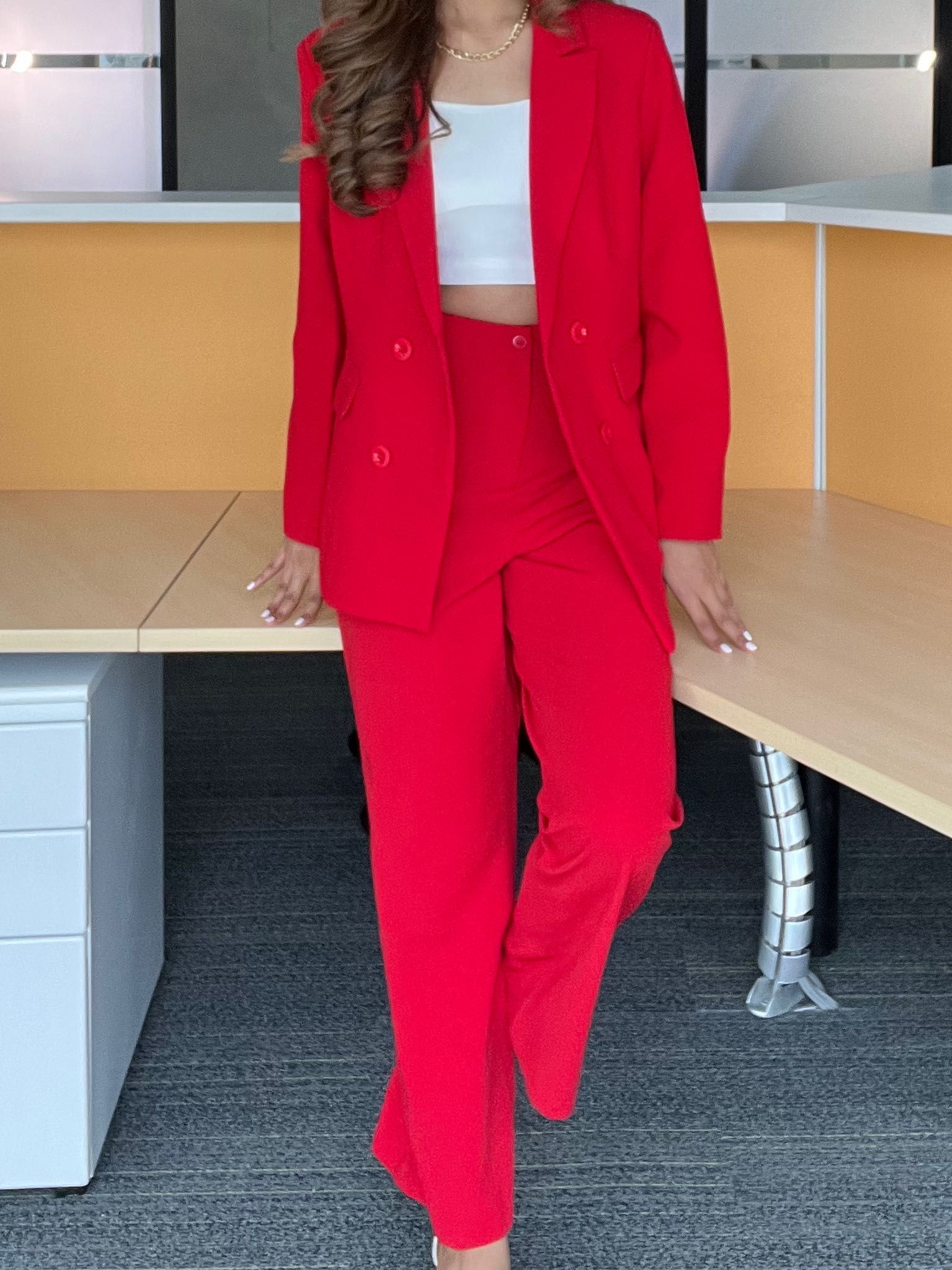 Women s red long sleeve double breasted suit coat