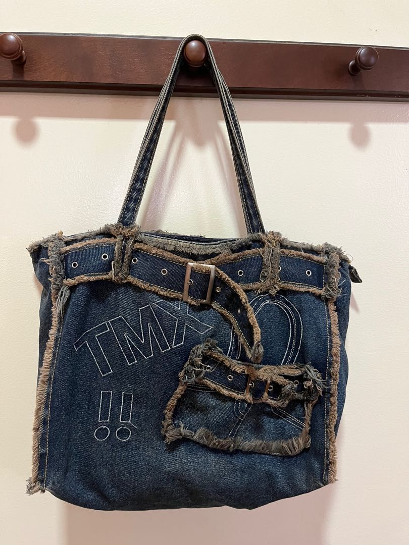 Y2k Denim Canvas Tote Bag For Women Trendy Letter Print Tassel