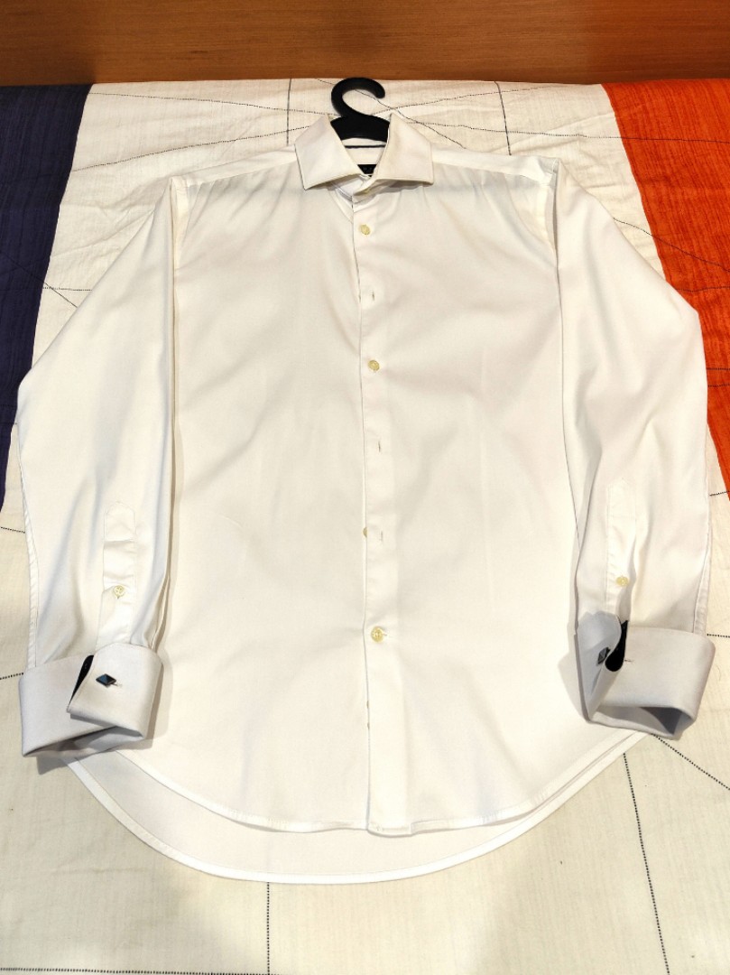 Zara Man Slim Fit White Formal Shirt with French Cuffs, Men's Fashion
