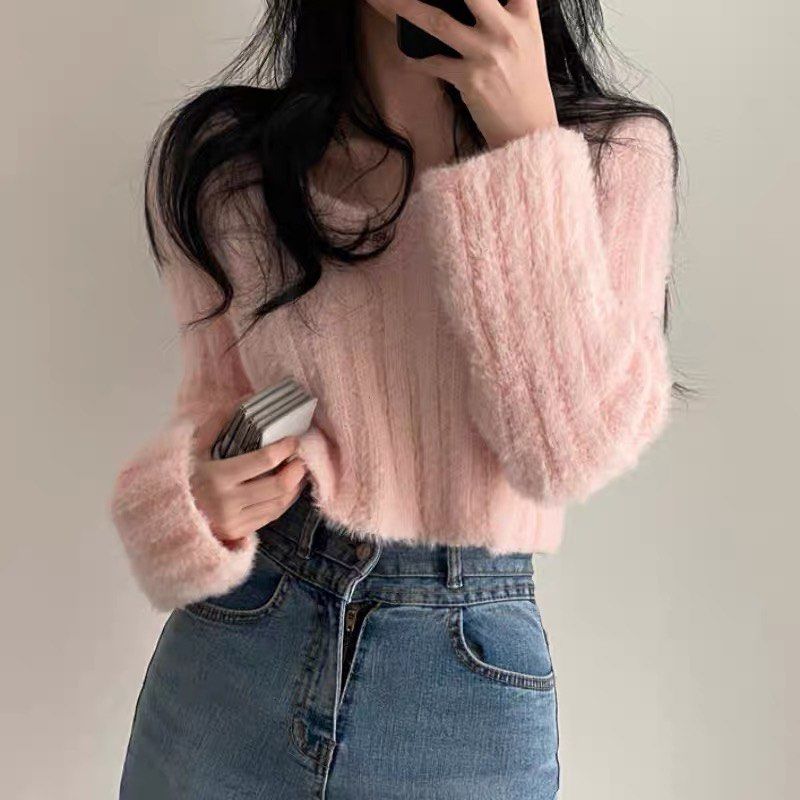 4 colors PO furry long sleeve crop top sweater Women s Fashion