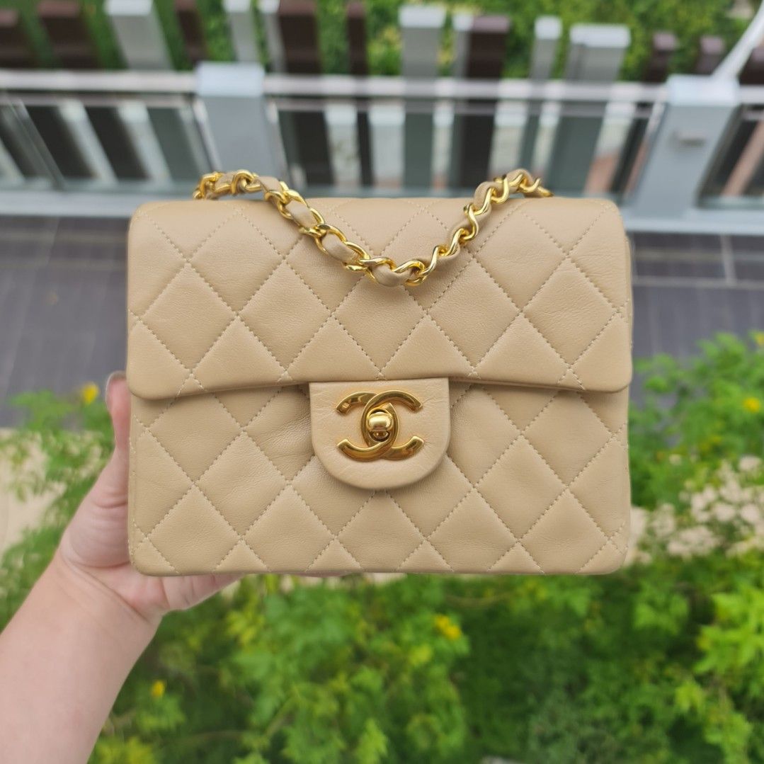 Vintage Gold Plated Chanel White Caviar Mini Square Flap Crossbody Bag 24k  GHW