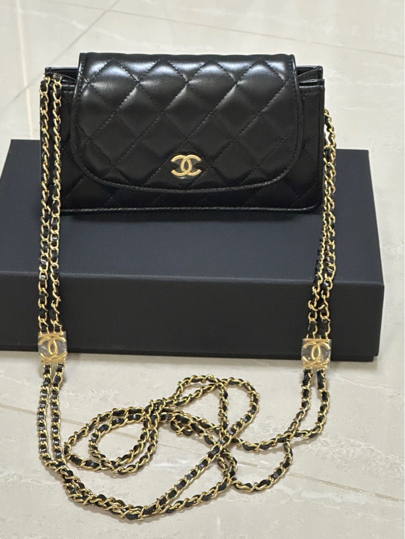 Chanel Black Lambskin Flap Phone Holder with Chain GHW, Luxury