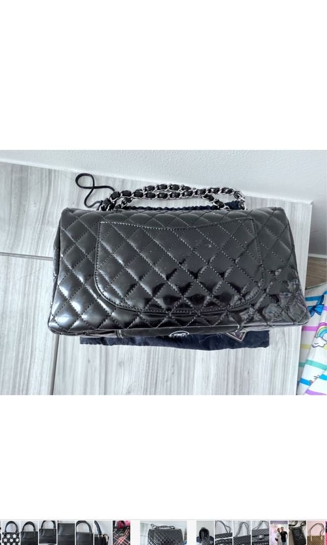 Chanel medium flap classic patent leather authentic black silver chain  hardware cruise collection secret label bag, Luxury, Bags & Wallets on  Carousell