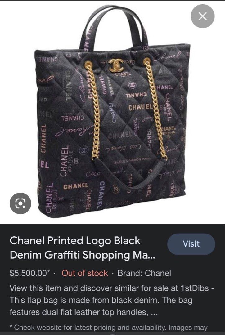 Chanel Printed Logo Black Denim Graffiti Shopping Maxi Tote Bag