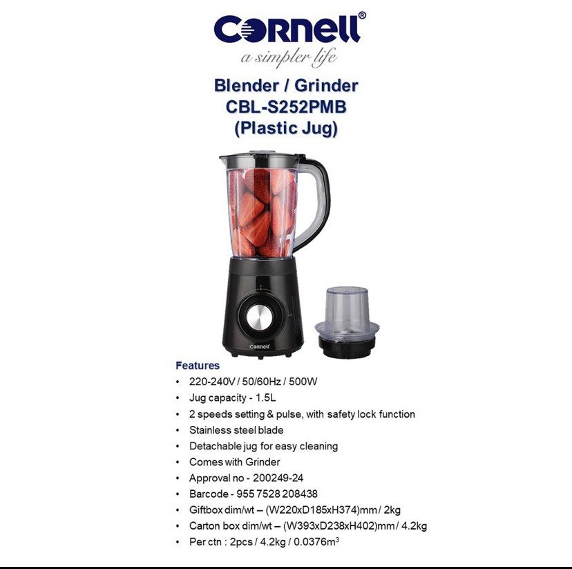 Cornell 1.5L Jug Blender with Grinder High Speed Mixer in 500 Watt