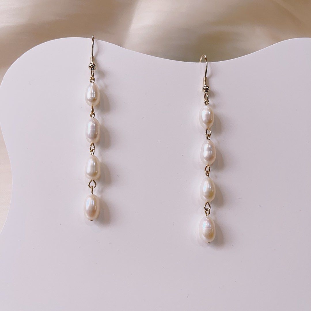 Genuine Freshwater Pearl Earrings Four Long Rice Pearls White