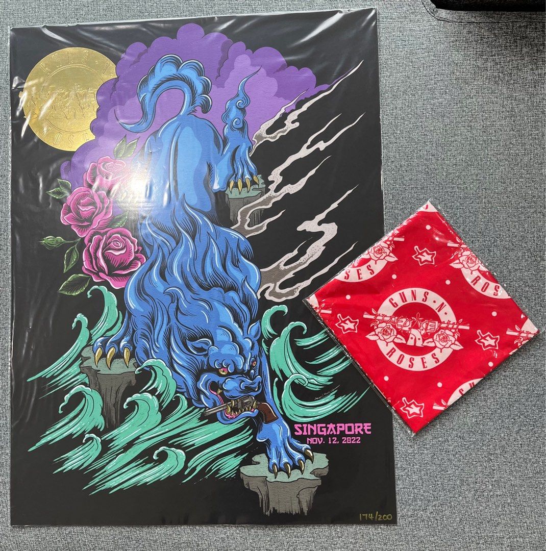 Guns & Roses Singapore concert 2022 poster and bandana, Hobbies & Toys
