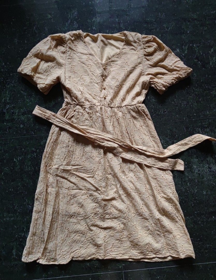 Eyelet Dress, Light Mustard, Women's Fashion, Dresses & Sets, Dresses