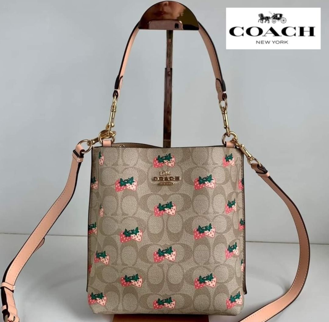 Coach Beige Strawberry Print Signature Coated Canvas 22 Mollie Bucket Bag  Coach