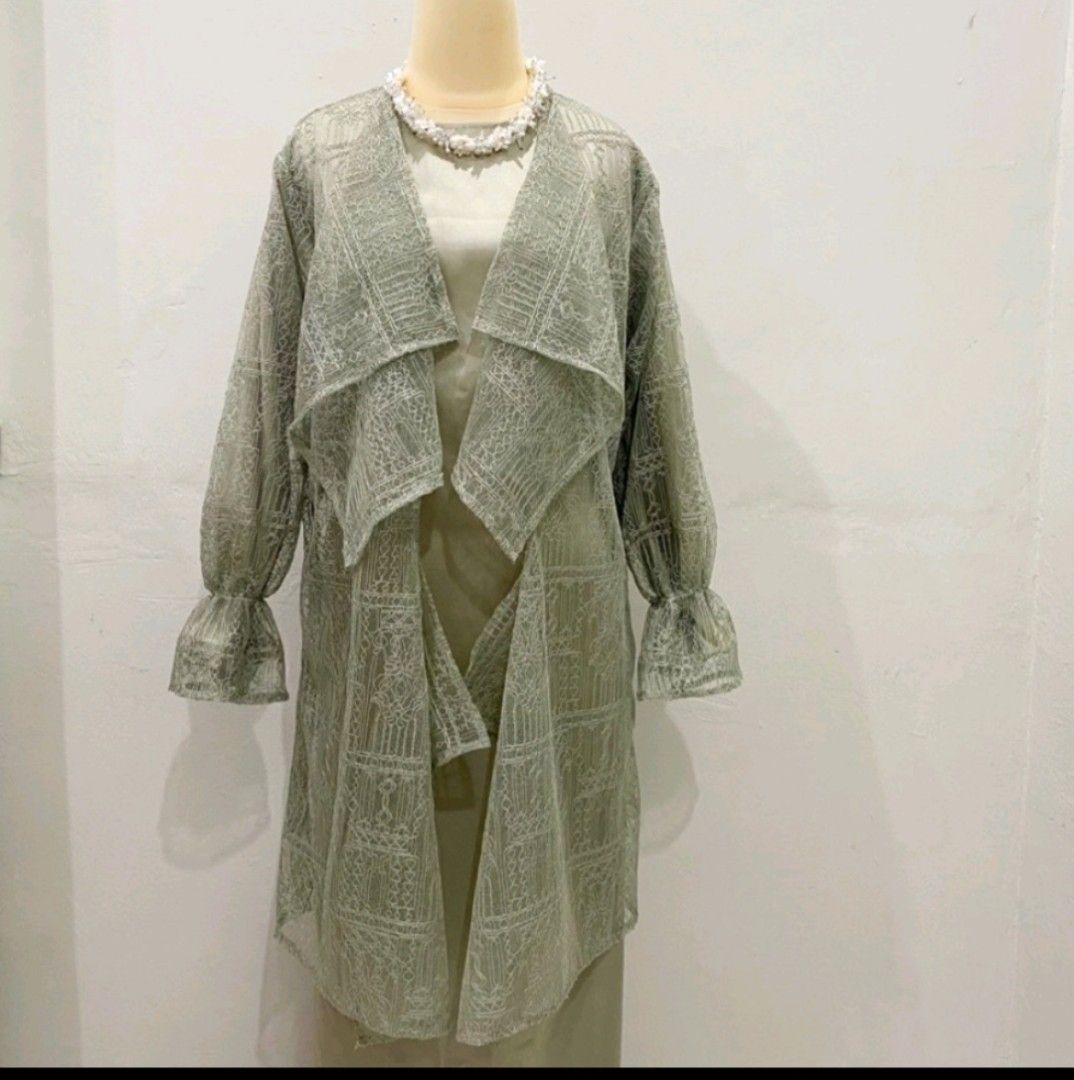 Outer Brukat pesta warna sage, Fesyen Wanita, Pakaian Wanita, Baju