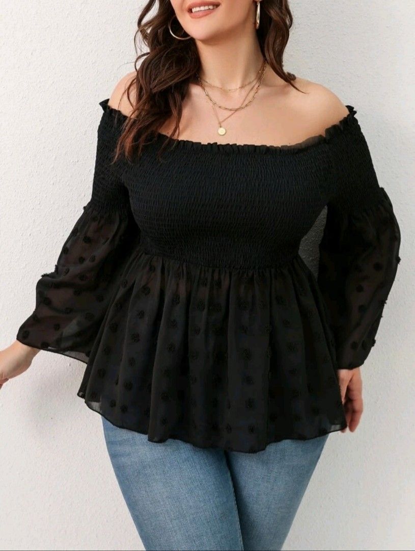 Off the shoulder shirred peplum blouse sales