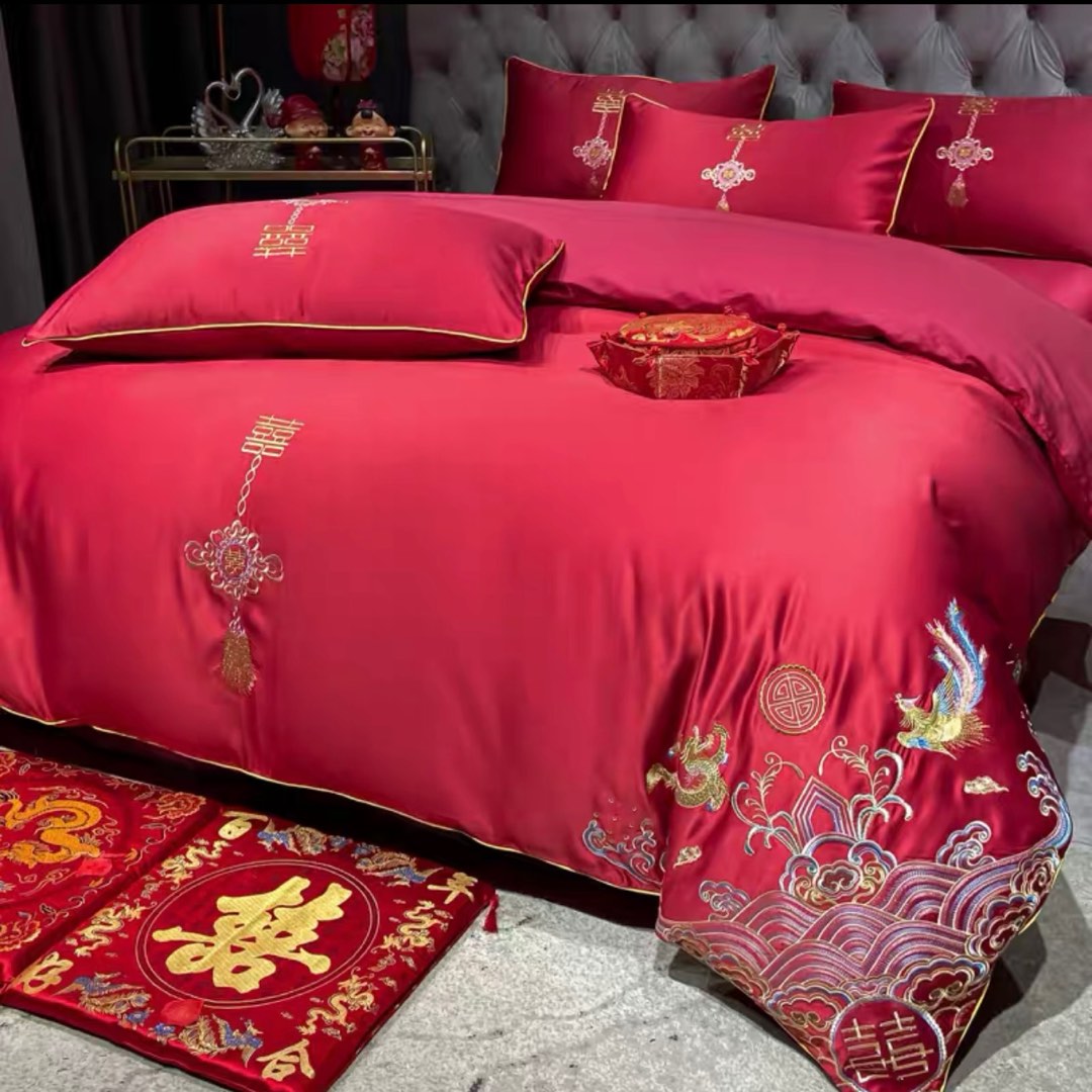 Red Chinese Wedding Bedsheet with Duvet Cover King