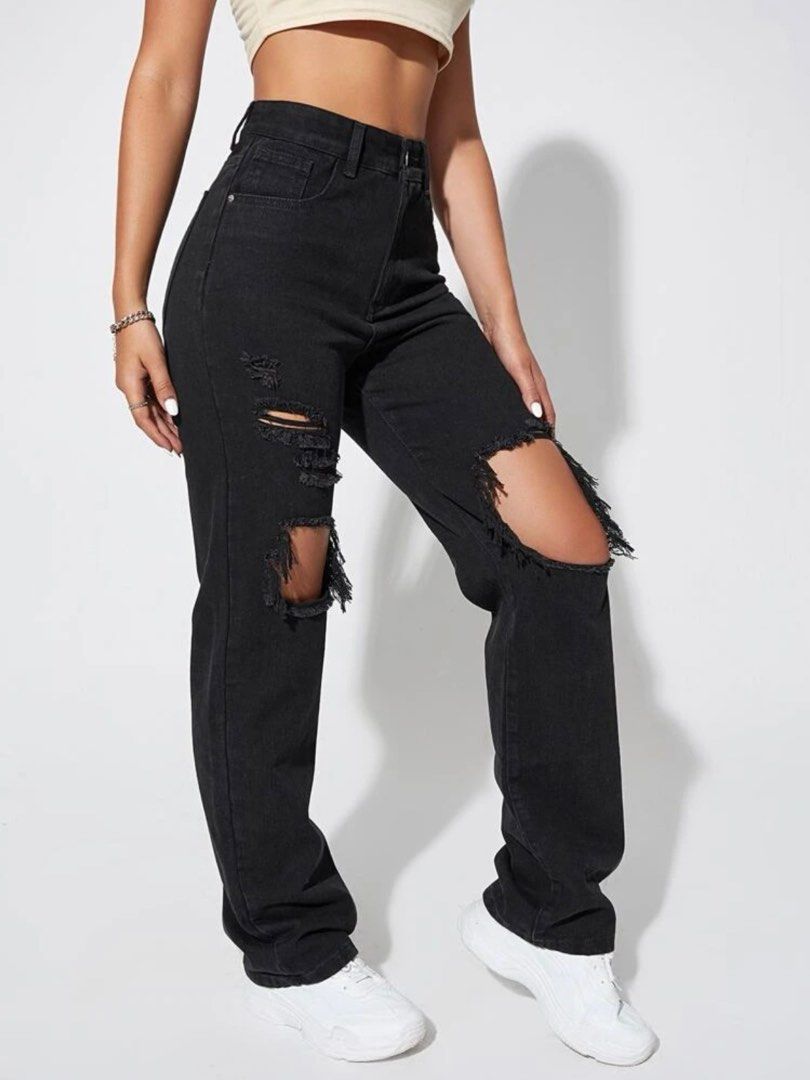 Shein high waisted mom ripped jeans, Women's Fashion, Bottoms, Jeans u0026  Leggings on Carousell