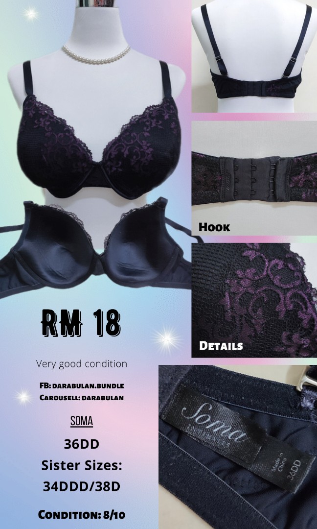 🌙Soma 36DD Bra Purple Black Elegant Lace Wired, Women's Fashion, New  Undergarments & Loungewear on Carousell
