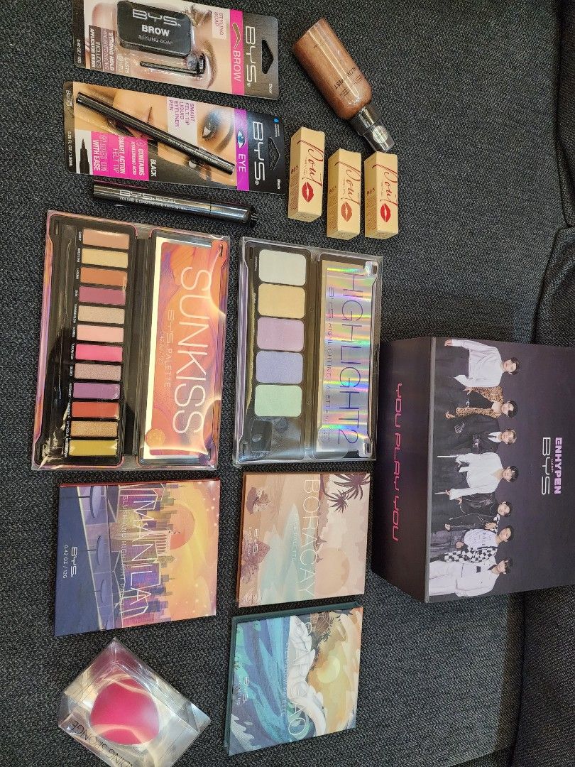 Take all Enhypen x BYS VIP Kit B (Category: Makeup) located in Quezon City. Submitted by letsraidclosets (Listing ID 1196566297, Image 3). Description: All brand new & unopened. Full set, no ticket & box. Bought for the VIP ticket Kit Includes: Sunkiss BYS eyeshadow palette Highlight 2 BYS Highlighter palette 3x BYS 10Th Year Anniversary Palettes: - Manila Blush & Highlighter palette - Boracay Foundation palette - Siargao Eyeshadow palette BYS Gl