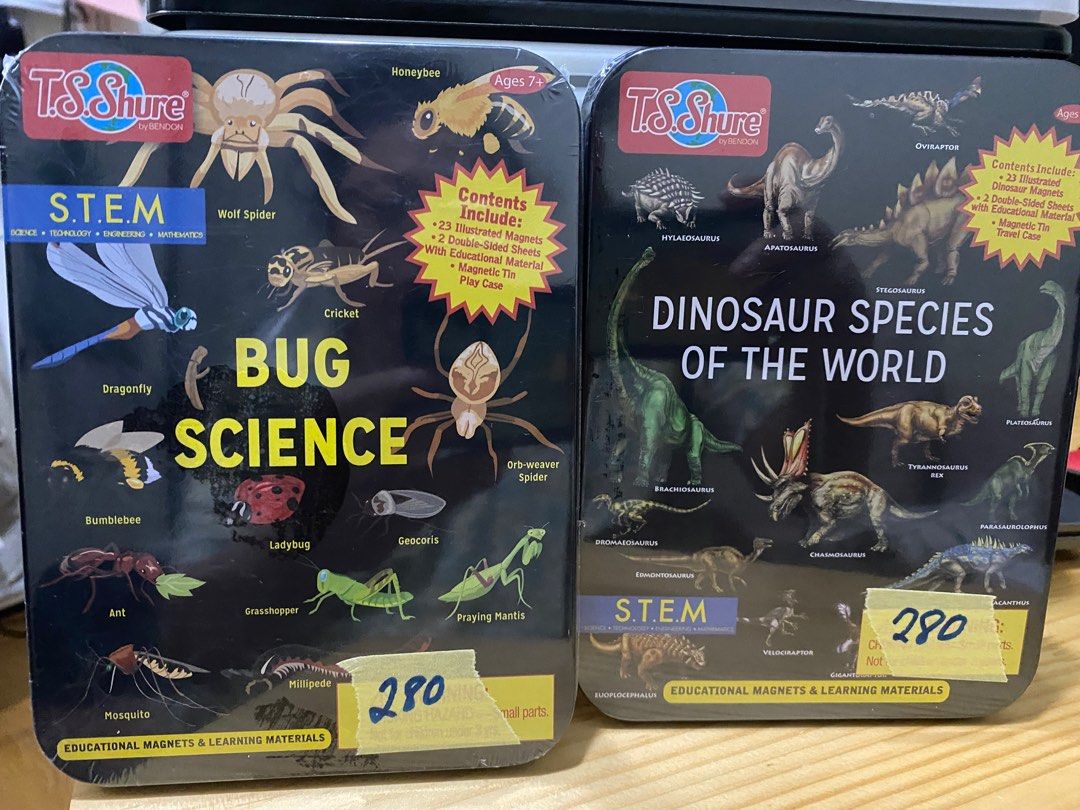 T.S. Shure Magnetic Figures (Category: Educational & Learning Toys) located in Paranaque City. Submitted by vamsfor1 (Listing ID 1196563813, Image 1). Description: Comes in Bug Science, Word Play, Dinosaur Species, Shark Species Includes illustrated magnetic pieces, 2 double sided sheets with educational materials, magnetic tin travel cases.