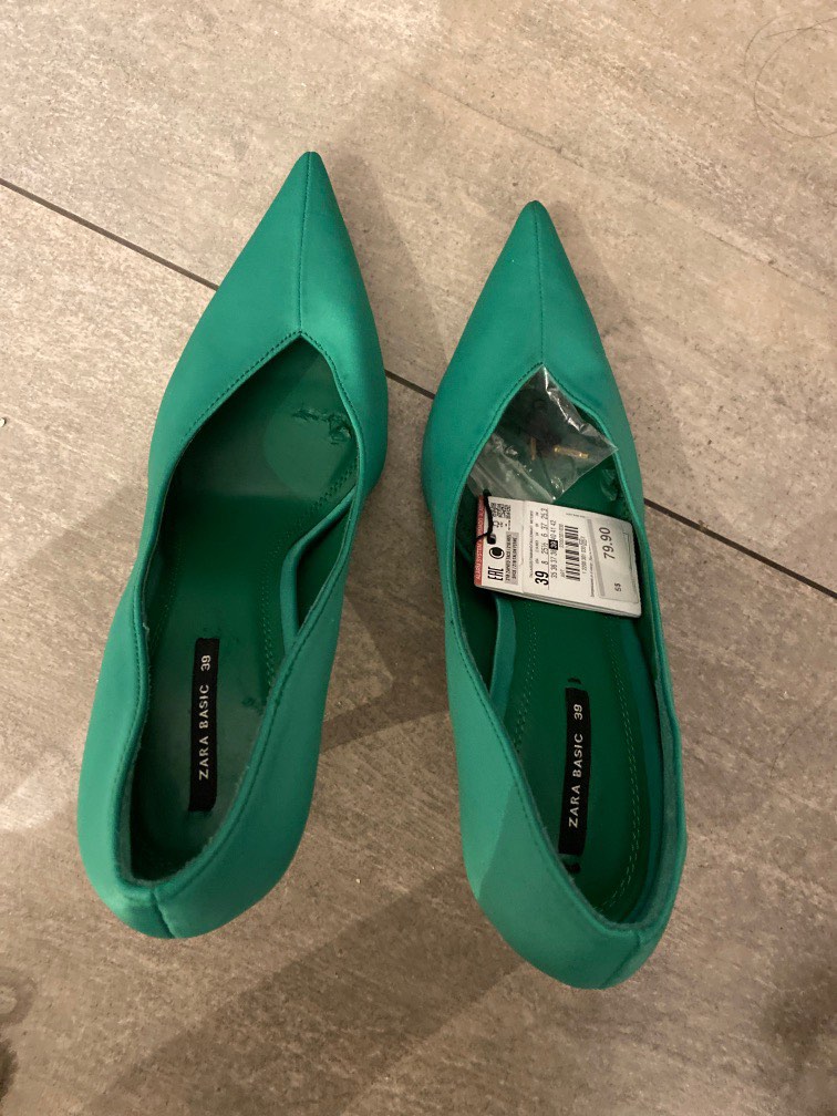 Zara pointed green satin heels, Women's Fashion, Footwear, Heels on