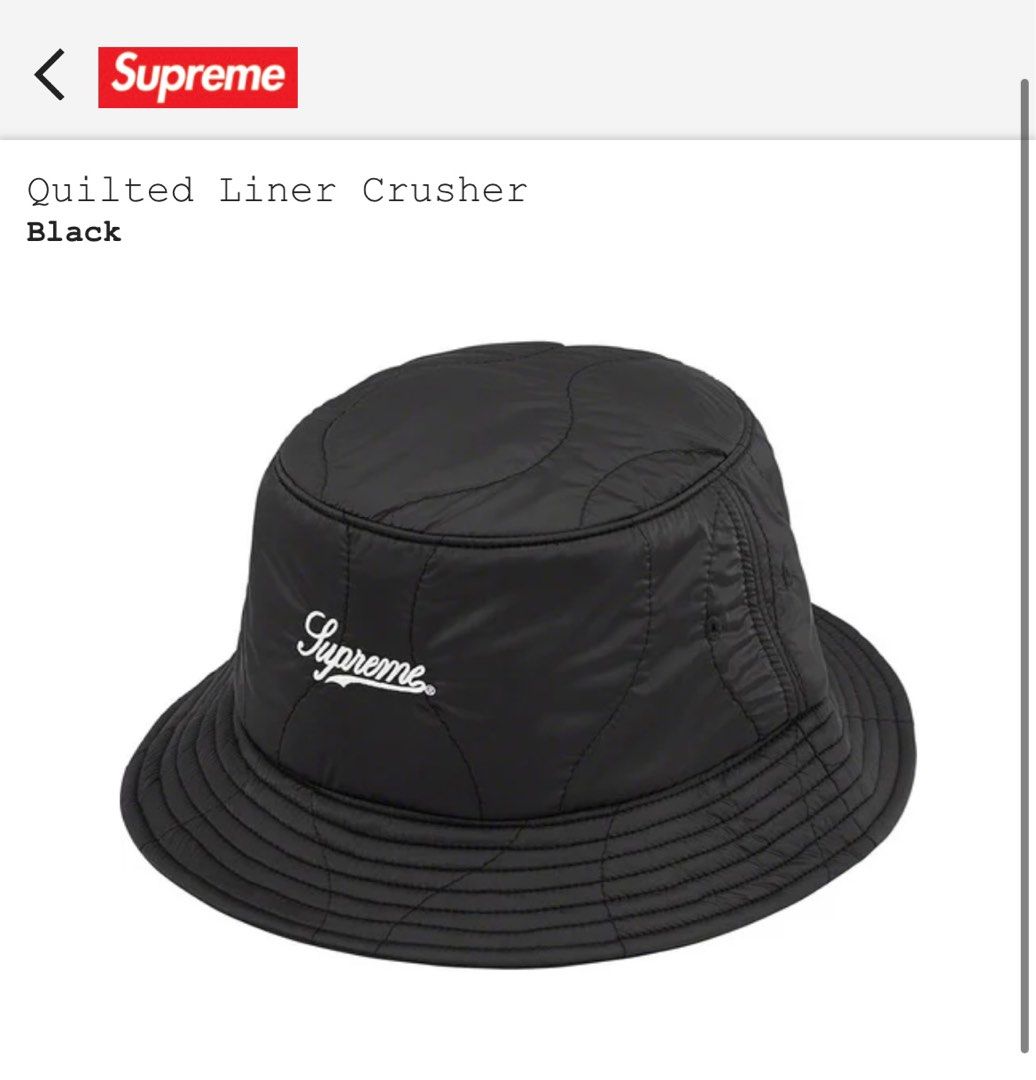 2022 FW Supreme Quilted Liner Crusher, 男裝, 手錶及配件, 棒球帽