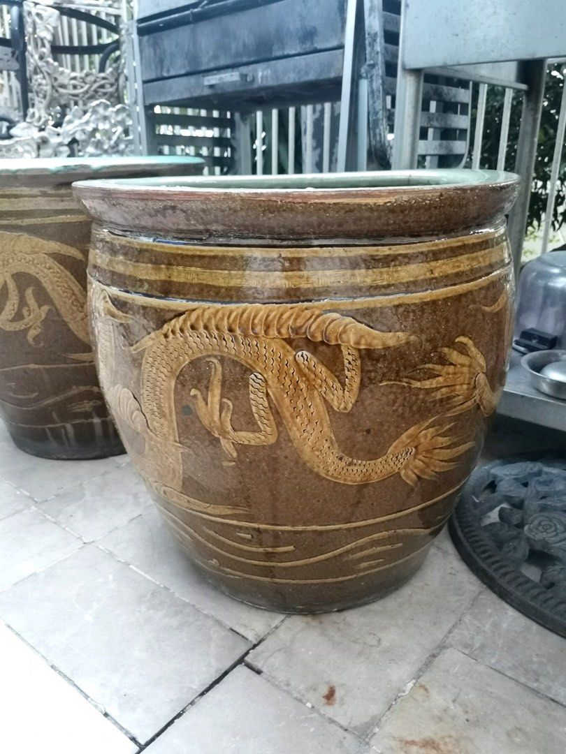 Antique Chinese Dragon Planters Martaban, Furniture & Home Living