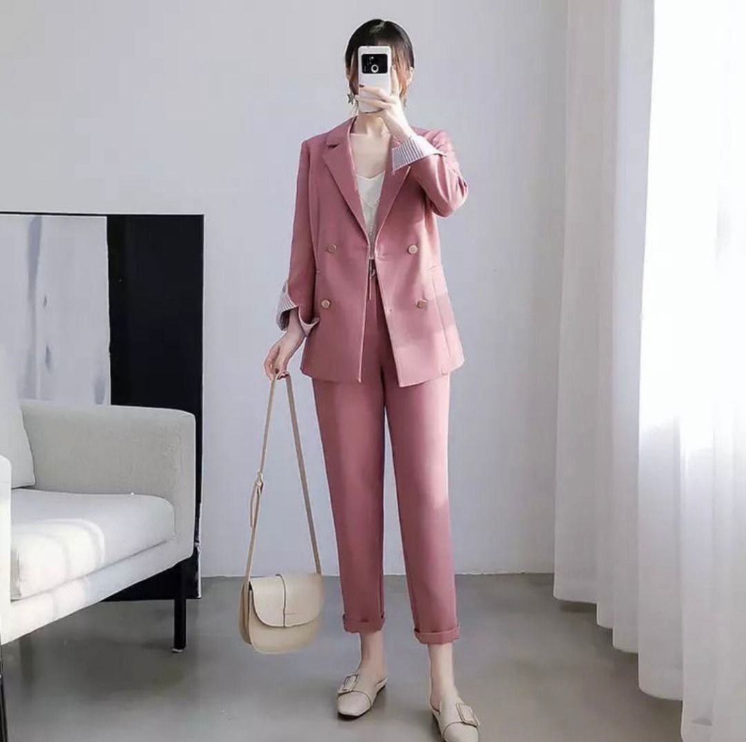 Blush Pink Pantsuit, Women's Fashion, Coats, Jackets and Outerwear on Carousell
