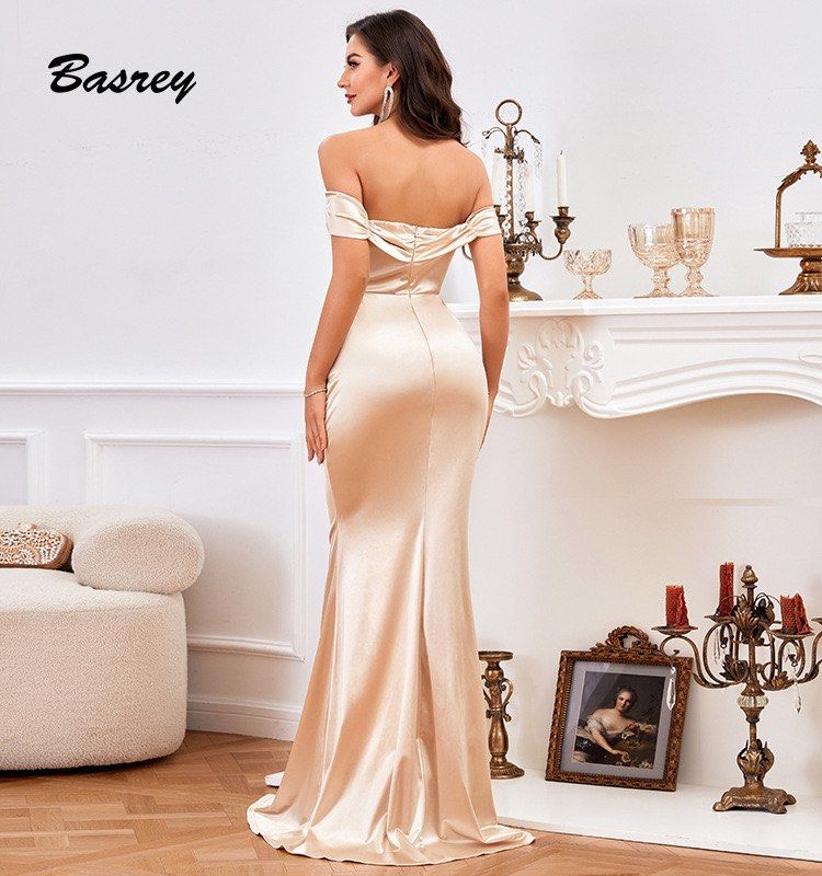 Can customise Illusion champagne satin open slit off shoulder elegant evening gown prom dress wedding dress Wedding gown