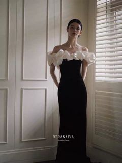 (Can customise) Premium Italy white black contrast off shoulder elegant evening gown prom dress wedding dress Wedding gown rom dress
