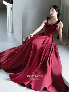 (Can customise) Premium Italy wine red satin black contrast strap elegant evening gown prom dress wedding dress Wedding gown rom dress