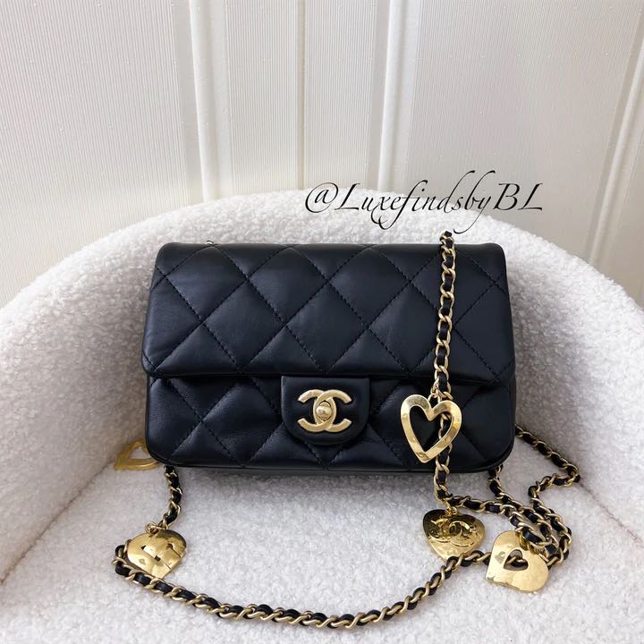 Chanel 23P Black Caviar Heart Crush 19 cm Mini Flap Bag with Antique Gold  Hardware. 