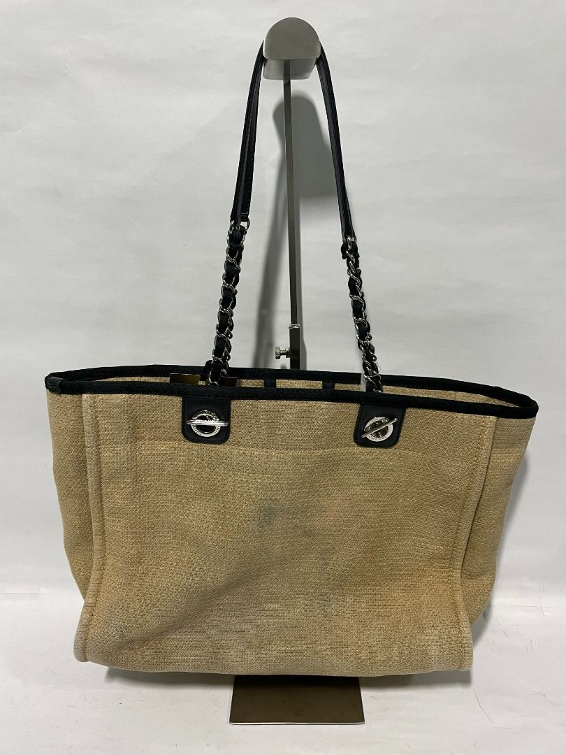 Chanel Deauville MM Canvas & leather Chain tote bag Beige Silver Metal  fittings